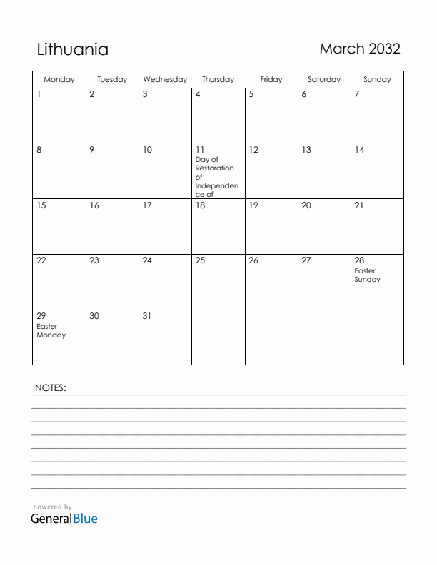 March 2032 Lithuania Calendar with Holidays (Monday Start)