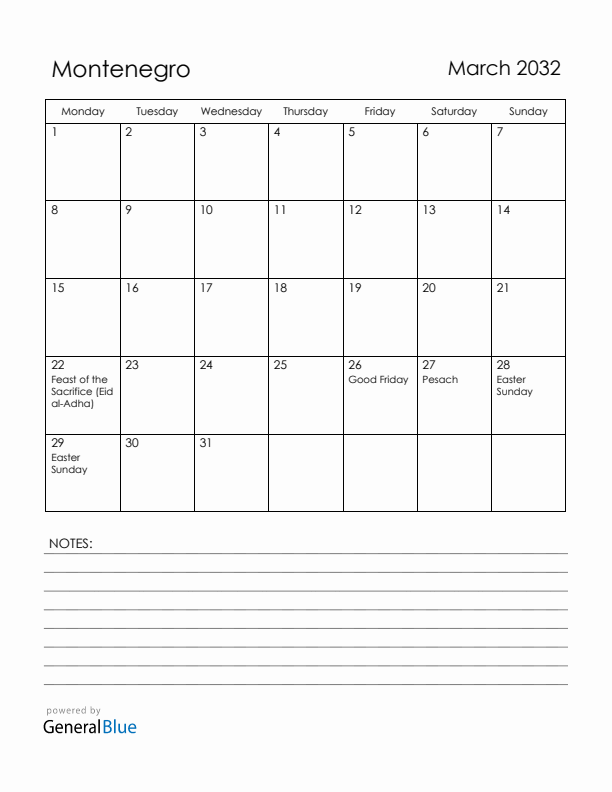 March 2032 Montenegro Calendar with Holidays (Monday Start)