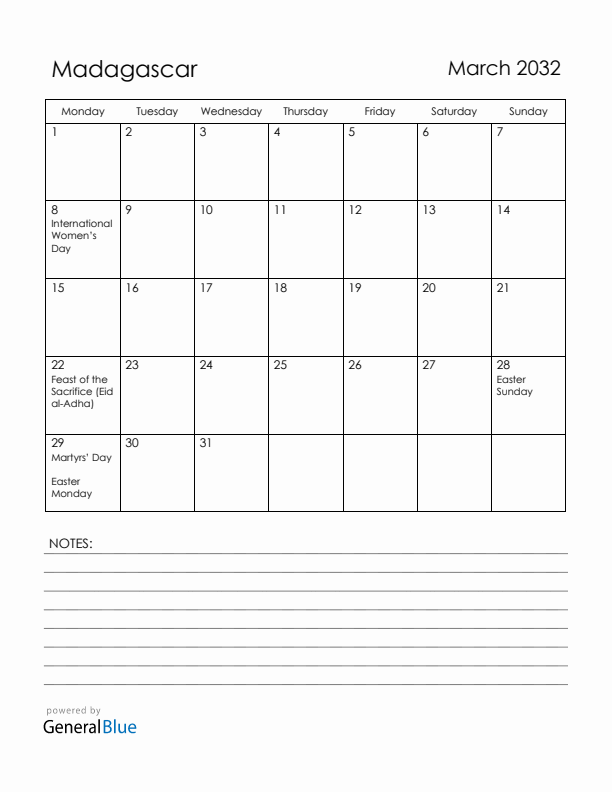 March 2032 Madagascar Calendar with Holidays (Monday Start)