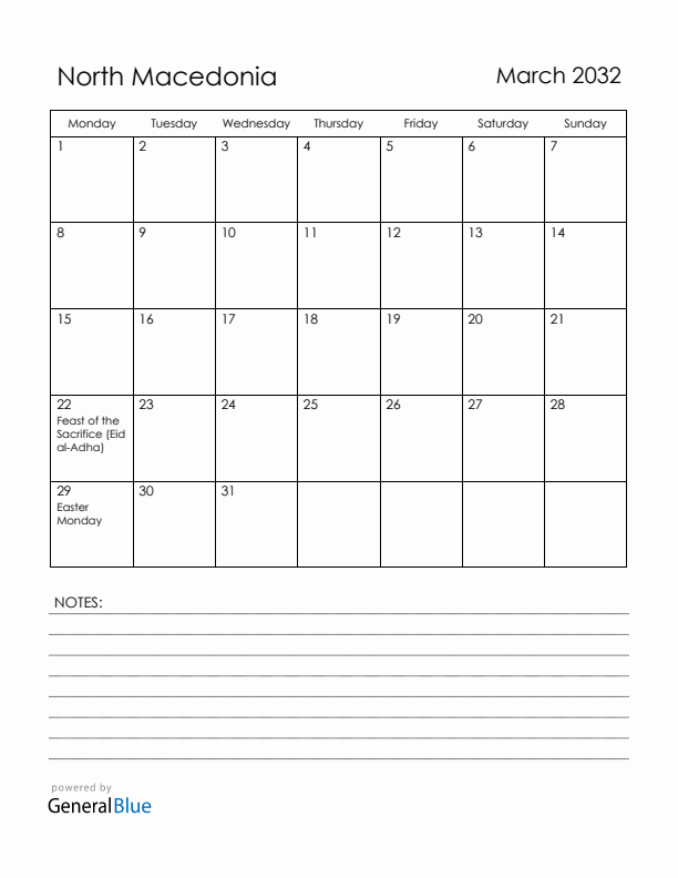 March 2032 North Macedonia Calendar with Holidays (Monday Start)