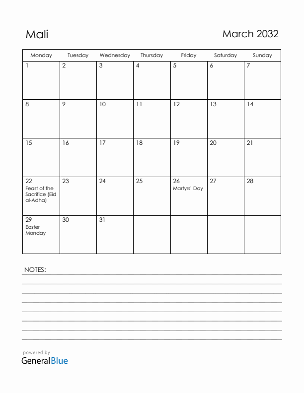 March 2032 Mali Calendar with Holidays (Monday Start)