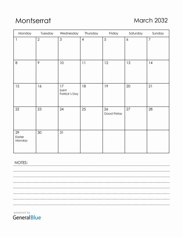 March 2032 Montserrat Calendar with Holidays (Monday Start)