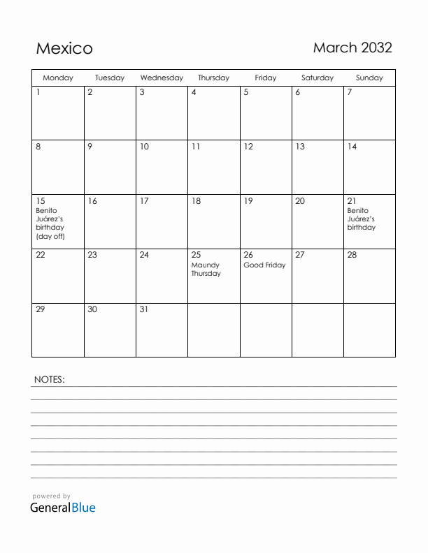March 2032 Mexico Calendar with Holidays (Monday Start)