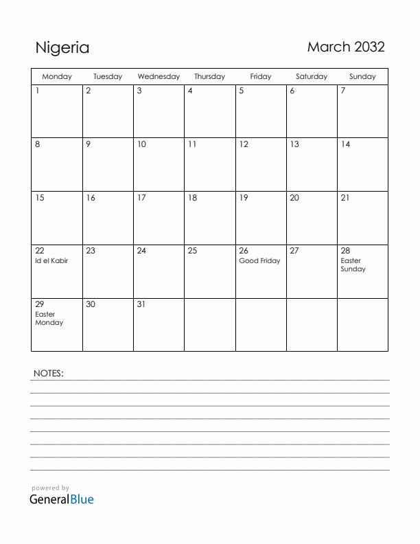 March 2032 Nigeria Calendar with Holidays (Monday Start)
