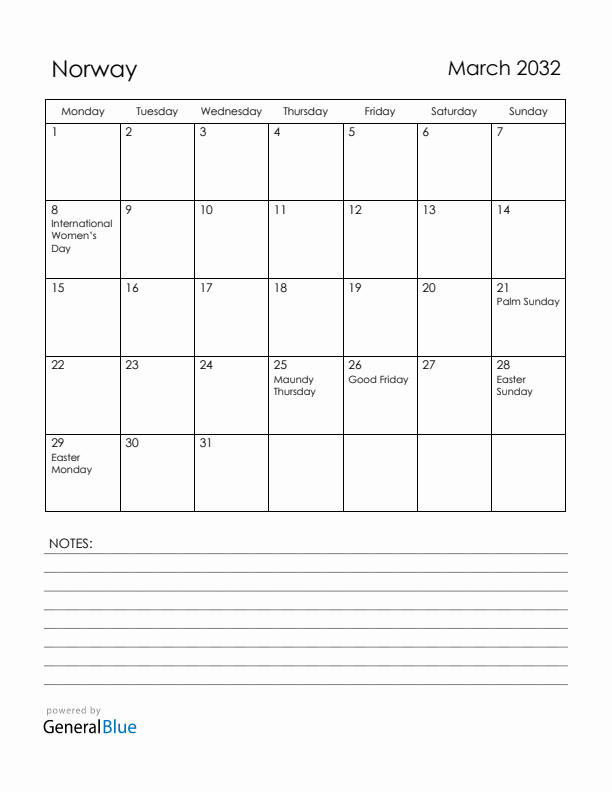 March 2032 Norway Calendar with Holidays (Monday Start)