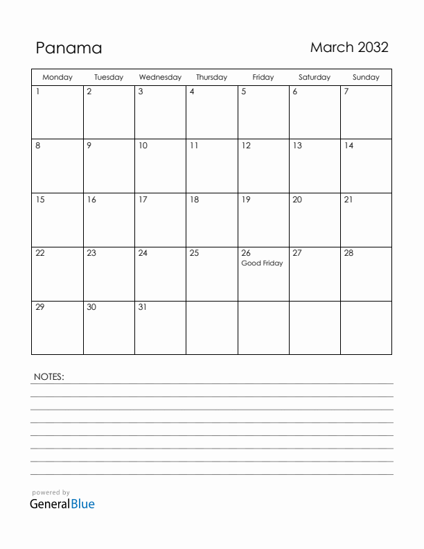 March 2032 Panama Calendar with Holidays (Monday Start)