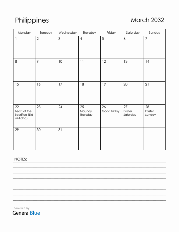March 2032 Philippines Calendar with Holidays (Monday Start)