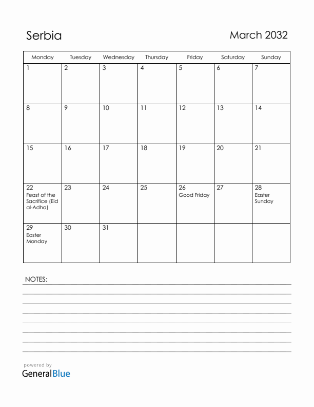 March 2032 Serbia Calendar with Holidays (Monday Start)
