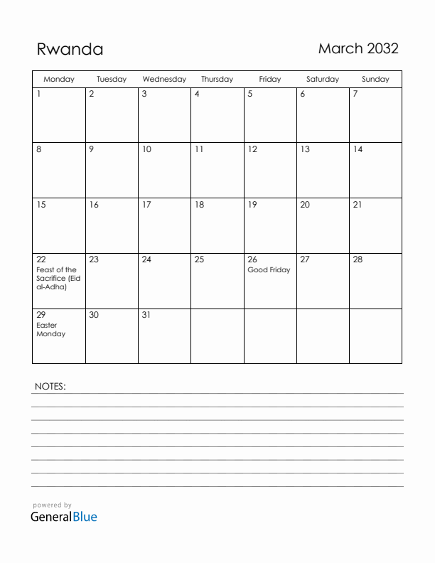 March 2032 Rwanda Calendar with Holidays (Monday Start)