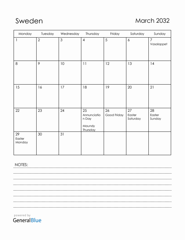 March 2032 Sweden Calendar with Holidays (Monday Start)