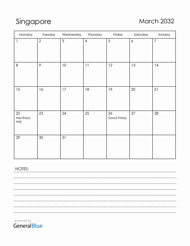 March 2032 Singapore Calendar with Holidays (Monday Start)