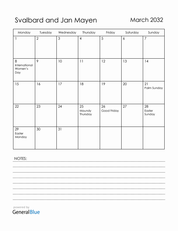March 2032 Svalbard and Jan Mayen Calendar with Holidays (Monday Start)
