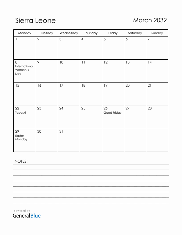 March 2032 Sierra Leone Calendar with Holidays (Monday Start)