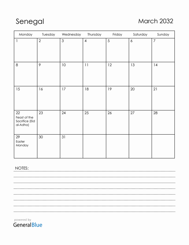 March 2032 Senegal Calendar with Holidays (Monday Start)