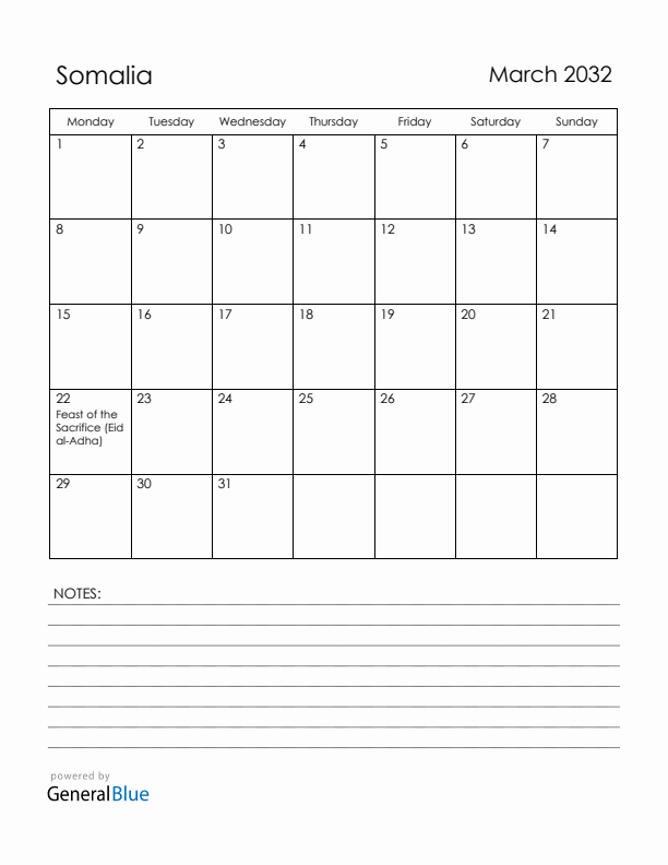 March 2032 Somalia Calendar with Holidays (Monday Start)