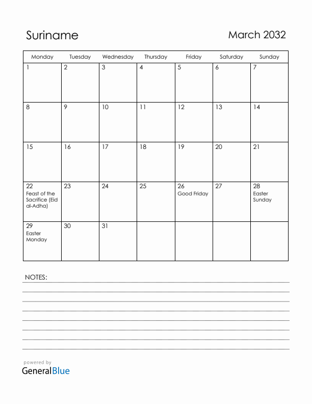 March 2032 Suriname Calendar with Holidays (Monday Start)