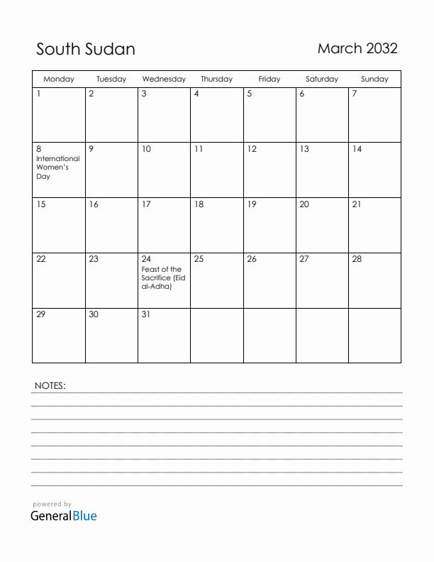 March 2032 South Sudan Calendar with Holidays (Monday Start)