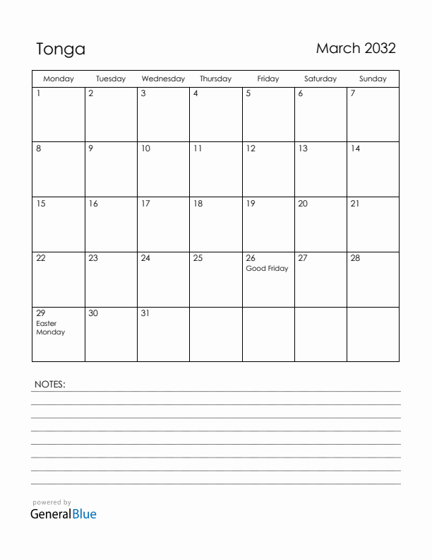 March 2032 Tonga Calendar with Holidays (Monday Start)