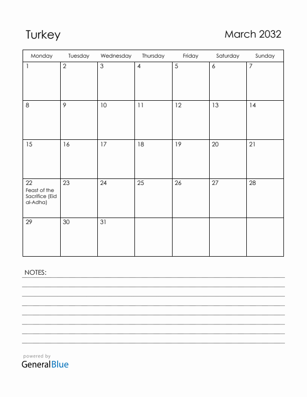 March 2032 Turkey Calendar with Holidays (Monday Start)