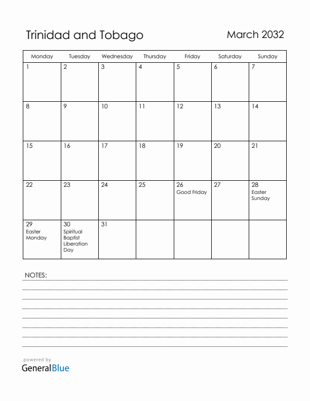 March 2032 Trinidad and Tobago Calendar with Holidays (Monday Start)