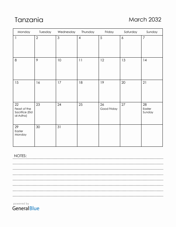 March 2032 Tanzania Calendar with Holidays (Monday Start)
