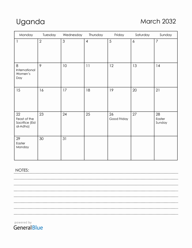March 2032 Uganda Calendar with Holidays (Monday Start)