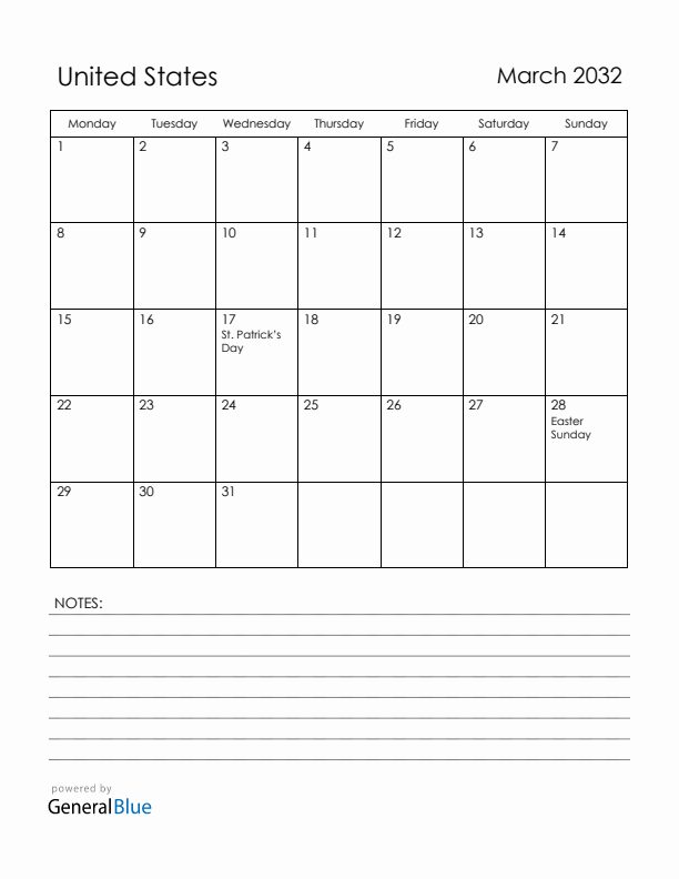 March 2032 United States Calendar with Holidays (Monday Start)