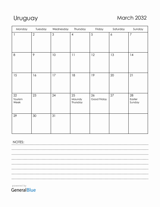 March 2032 Uruguay Calendar with Holidays (Monday Start)