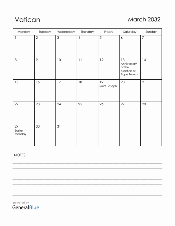March 2032 Vatican Calendar with Holidays (Monday Start)