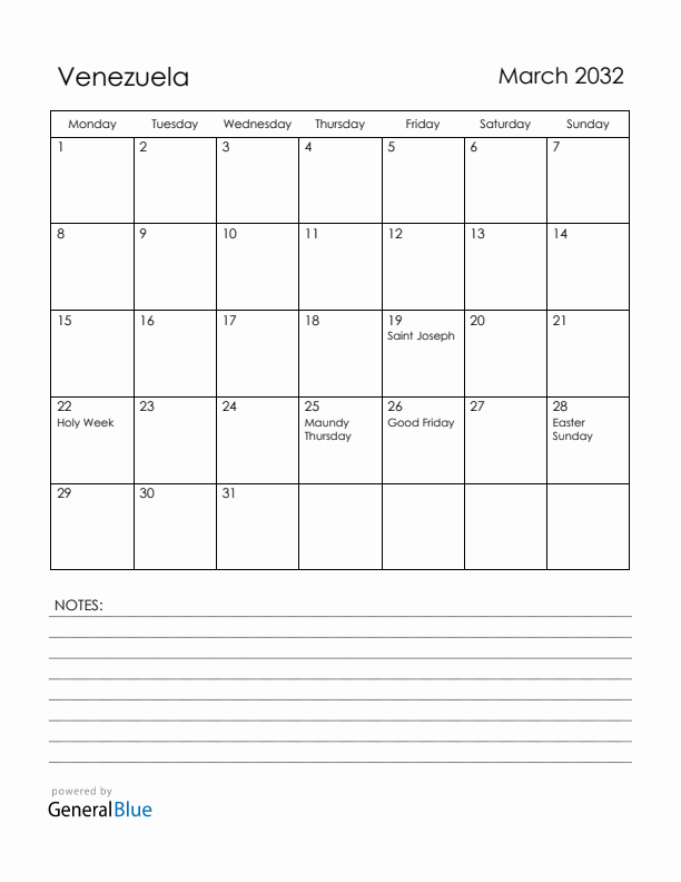 March 2032 Venezuela Calendar with Holidays (Monday Start)