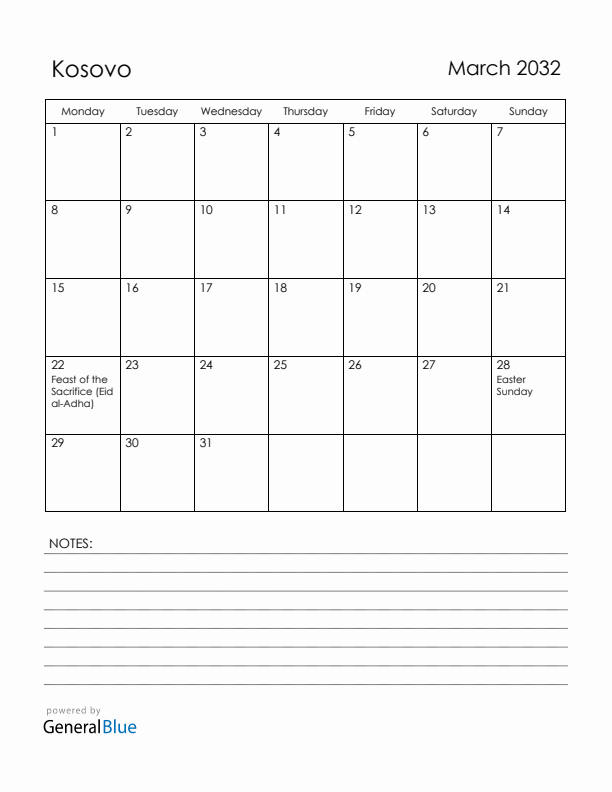 March 2032 Kosovo Calendar with Holidays (Monday Start)