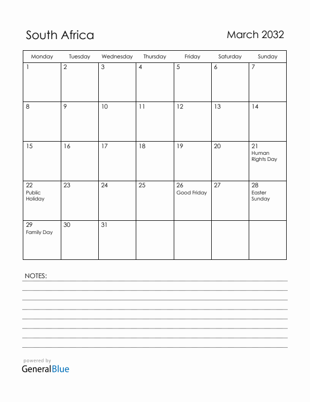 March 2032 South Africa Calendar with Holidays (Monday Start)
