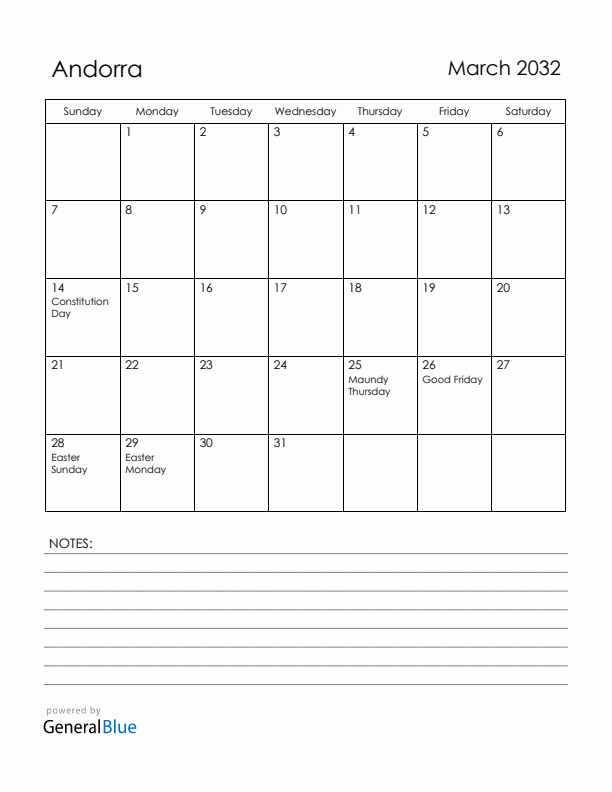 March 2032 Andorra Calendar with Holidays (Sunday Start)