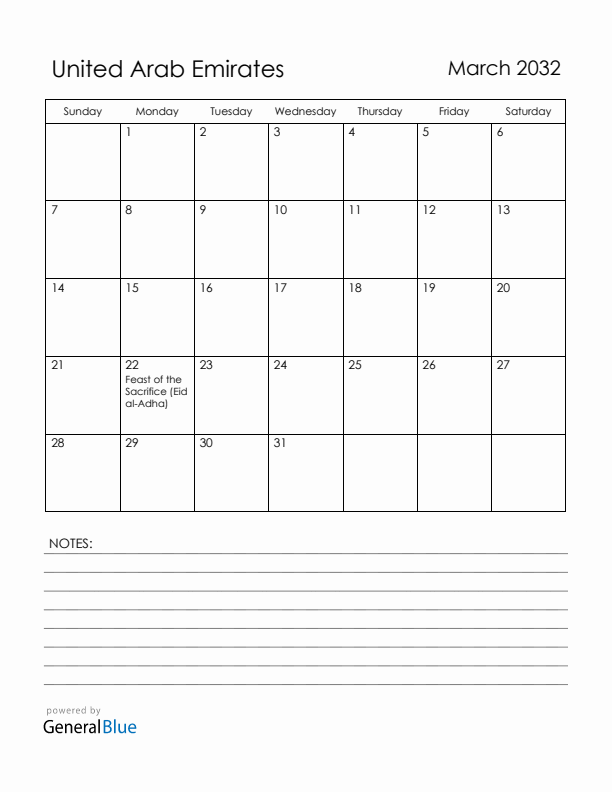 March 2032 United Arab Emirates Calendar with Holidays (Sunday Start)