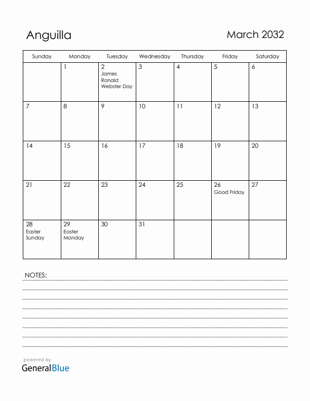 March 2032 Anguilla Calendar with Holidays (Sunday Start)