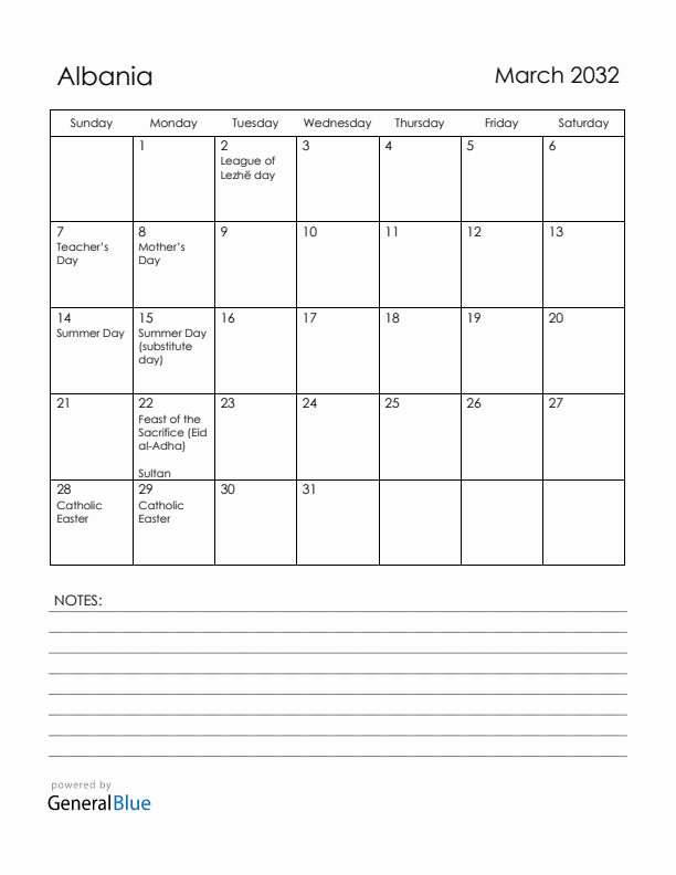 March 2032 Albania Calendar with Holidays (Sunday Start)