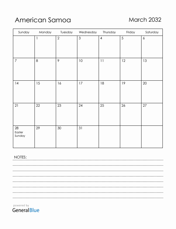 March 2032 American Samoa Calendar with Holidays (Sunday Start)