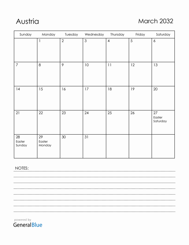 March 2032 Austria Calendar with Holidays (Sunday Start)