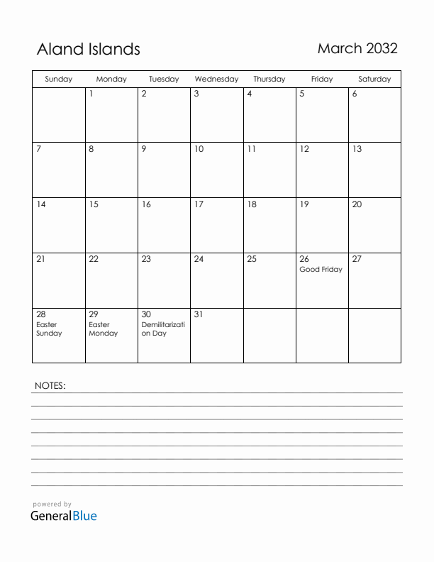 March 2032 Aland Islands Calendar with Holidays (Sunday Start)