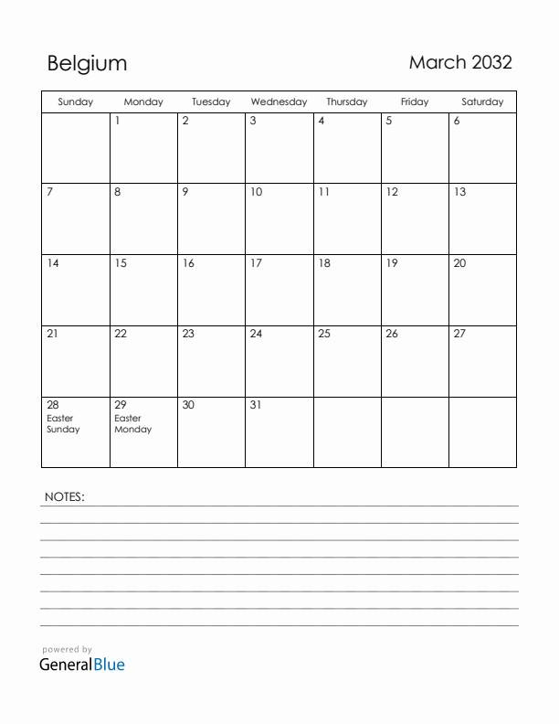 March 2032 Belgium Calendar with Holidays (Sunday Start)