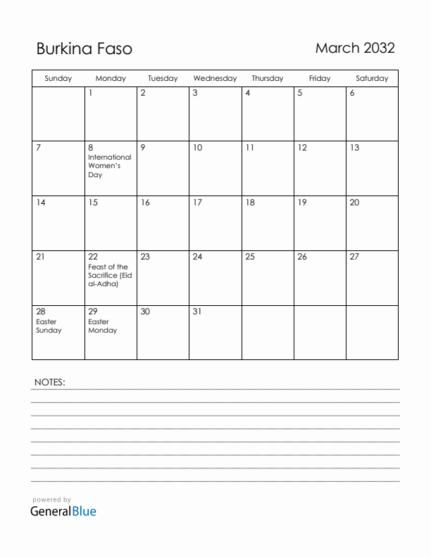 March 2032 Burkina Faso Calendar with Holidays (Sunday Start)