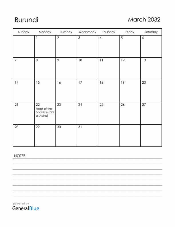 March 2032 Burundi Calendar with Holidays (Sunday Start)