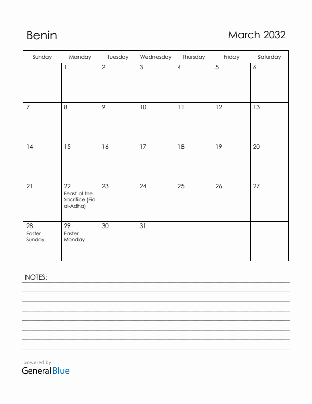 March 2032 Benin Calendar with Holidays (Sunday Start)