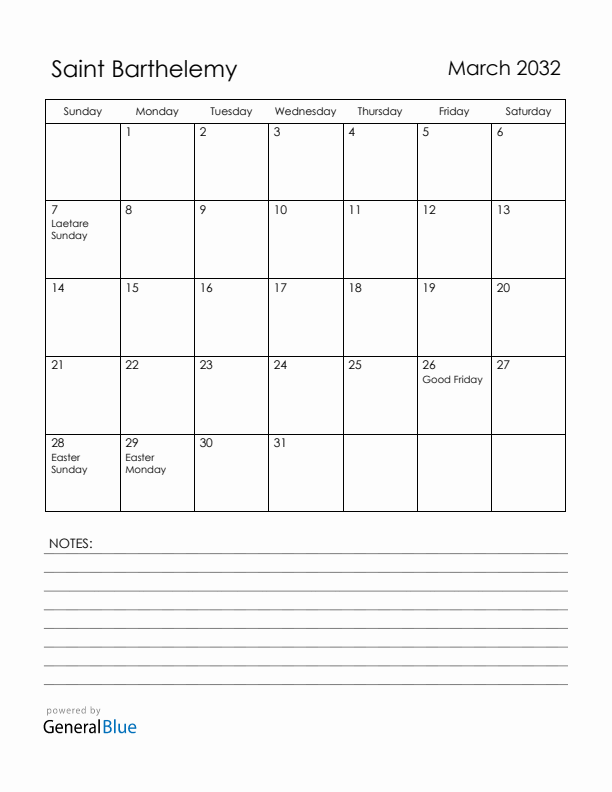 March 2032 Saint Barthelemy Calendar with Holidays (Sunday Start)