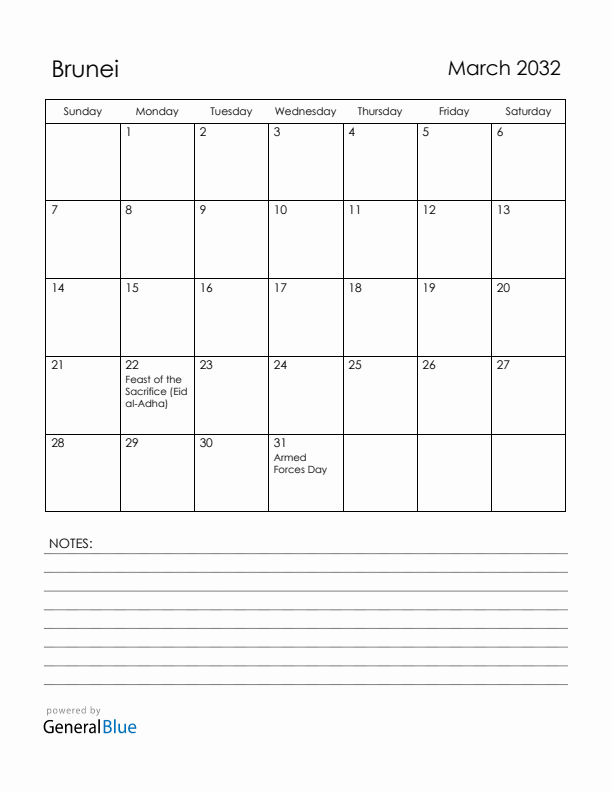 March 2032 Brunei Calendar with Holidays (Sunday Start)