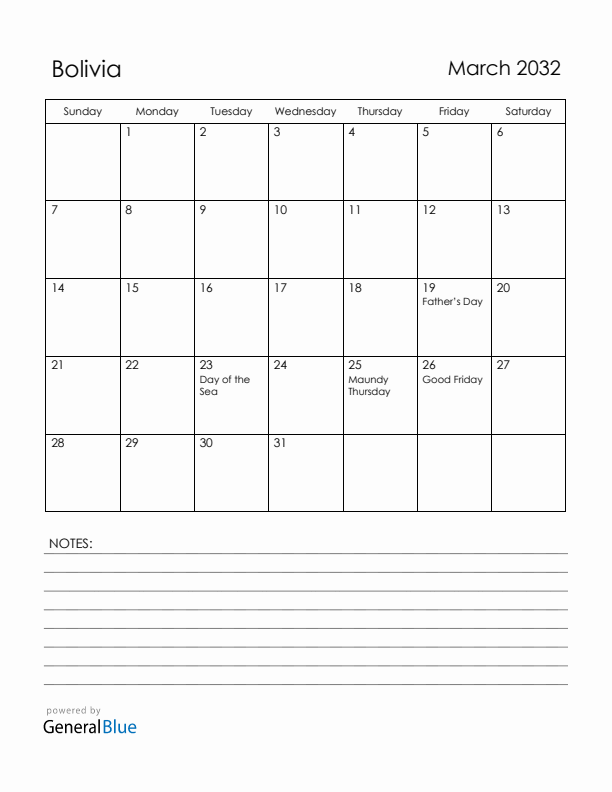 March 2032 Bolivia Calendar with Holidays (Sunday Start)