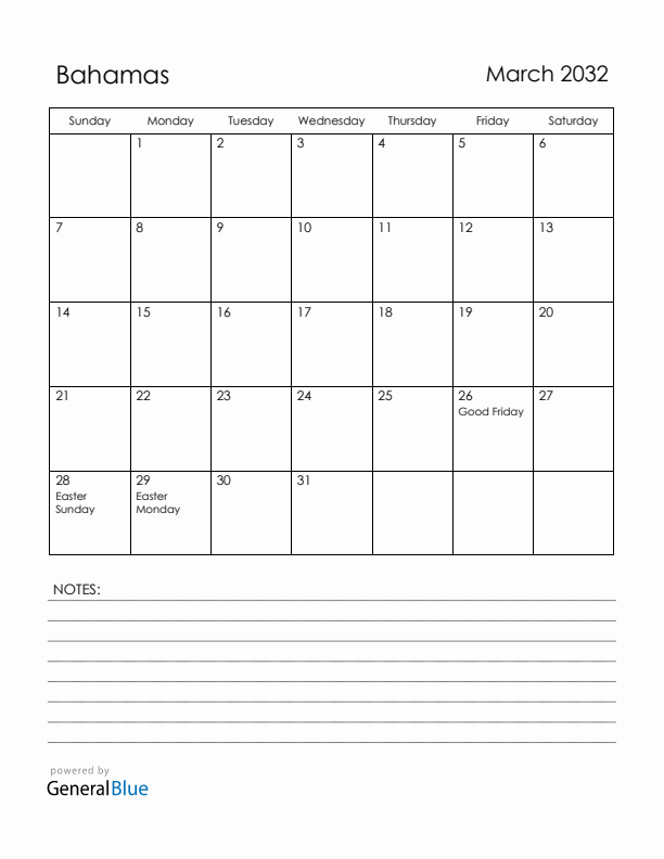 March 2032 Bahamas Calendar with Holidays (Sunday Start)