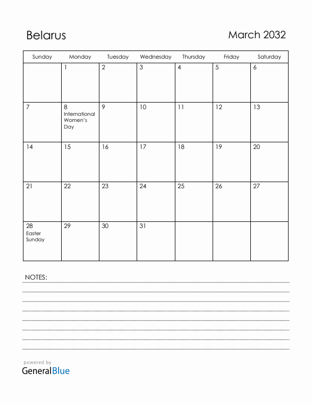 March 2032 Belarus Calendar with Holidays (Sunday Start)