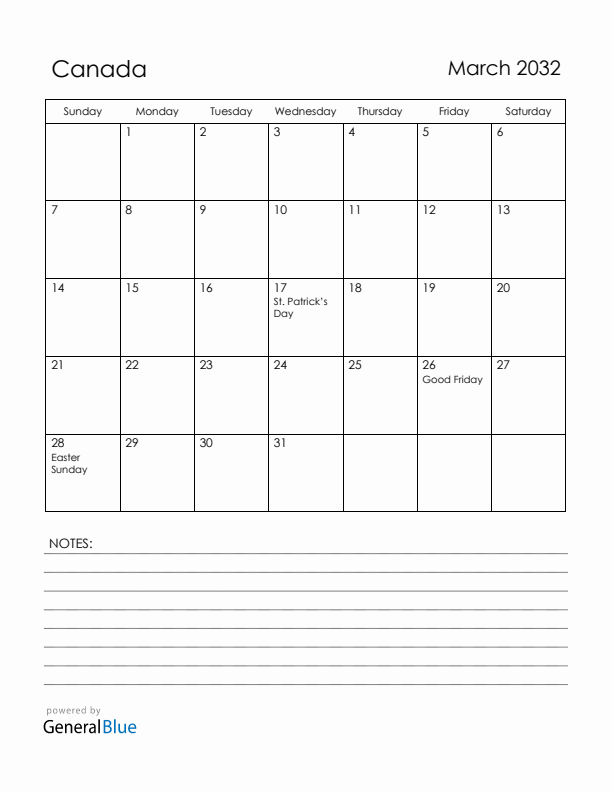 March 2032 Canada Calendar with Holidays (Sunday Start)