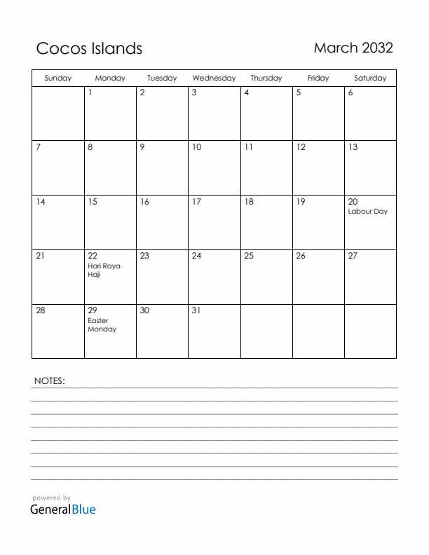 March 2032 Cocos Islands Calendar with Holidays (Sunday Start)